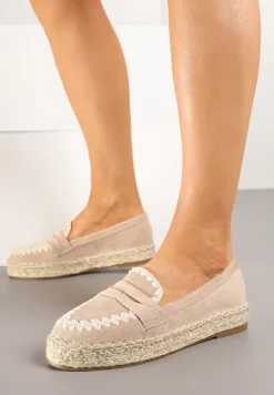 Ciemnobeżowe Espadryle z Haftem na Podeszwie z Plecionki Taslexia