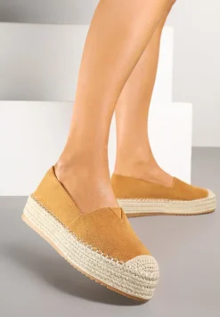 Ciemnobeżowe Espadryle z Imitacji Zamszu na Platformie z Jutowej Plecionki Mirrona