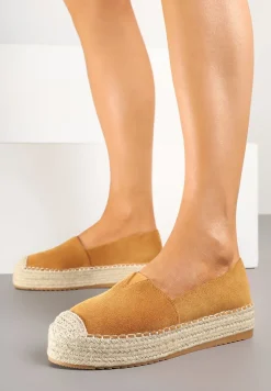 Ciemnobeżowe Espadryle z Imitacji Zamszu na Platformie z Jutowej Plecionki Mirrona