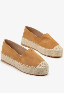 Ciemnobeżowe Espadryle z Imitacji Zamszu na Platformie z Jutowej Plecionki Mirrona