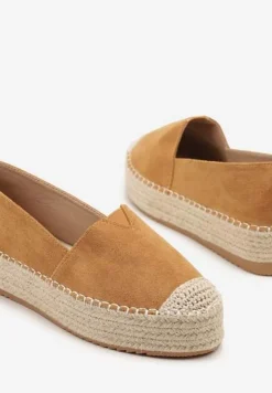 Ciemnobeżowe Espadryle z Imitacji Zamszu na Platformie z Jutowej Plecionki Mirrona