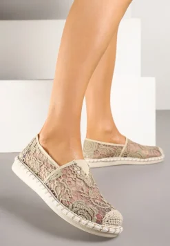 Ciemnobeżowe Espadryle z Plecionką i Koronką Merarilia