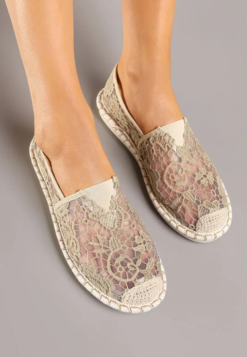 Ciemnobeżowe Espadryle z Plecionką i Koronką Merarilia