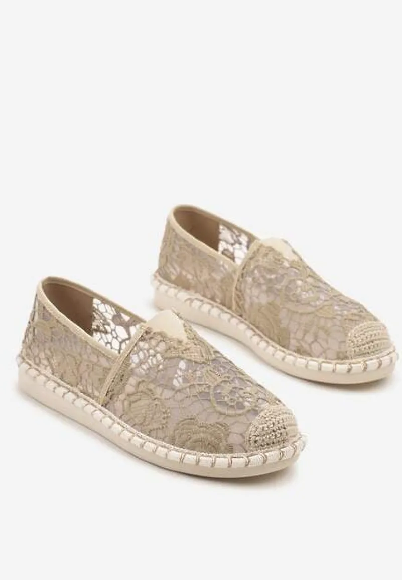 Ciemnobeżowe Espadryle z Plecionką i Koronką Merarilia