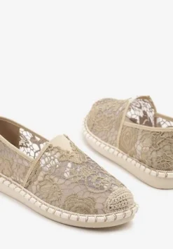 Ciemnobeżowe Espadryle z Plecionką i Koronką Merarilia