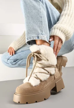 Ciemnobeżowe Futerkowe Botki Śniegowce na Tłoczonej Podeszwie Savalithea