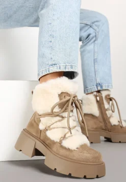 Ciemnobeżowe Futerkowe Botki Śniegowce na Tłoczonej Podeszwie Savalithea