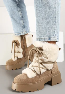 Ciemnobeżowe Futerkowe Botki Śniegowce na Tłoczonej Podeszwie Savalithea