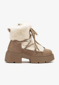 Ciemnobeżowe Futerkowe Botki Śniegowce na Tłoczonej Podeszwie Savalithea