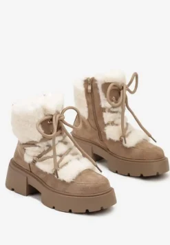 Ciemnobeżowe Futerkowe Botki Śniegowce na Tłoczonej Podeszwie Savalithea