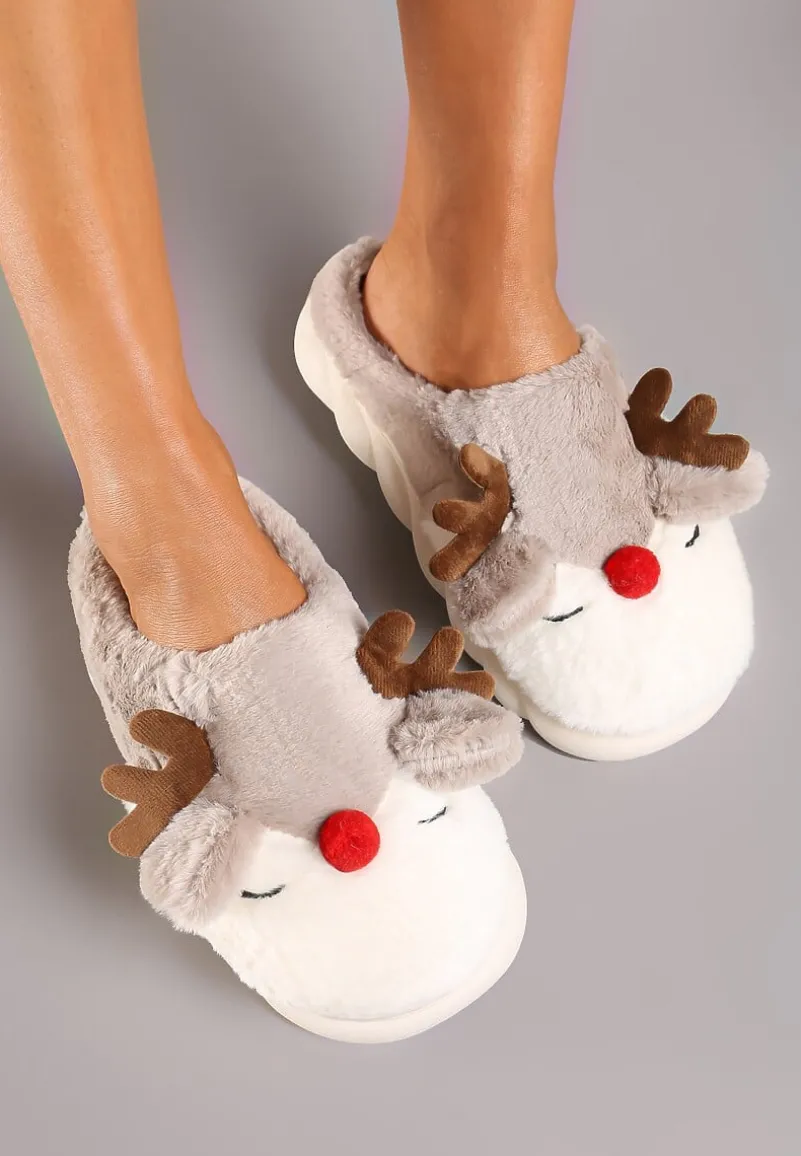 Ciemnobeżowe Futerkowe Kapcie w Kształcie Renifera na Tłoczonej Podeszwie Ciarayae
