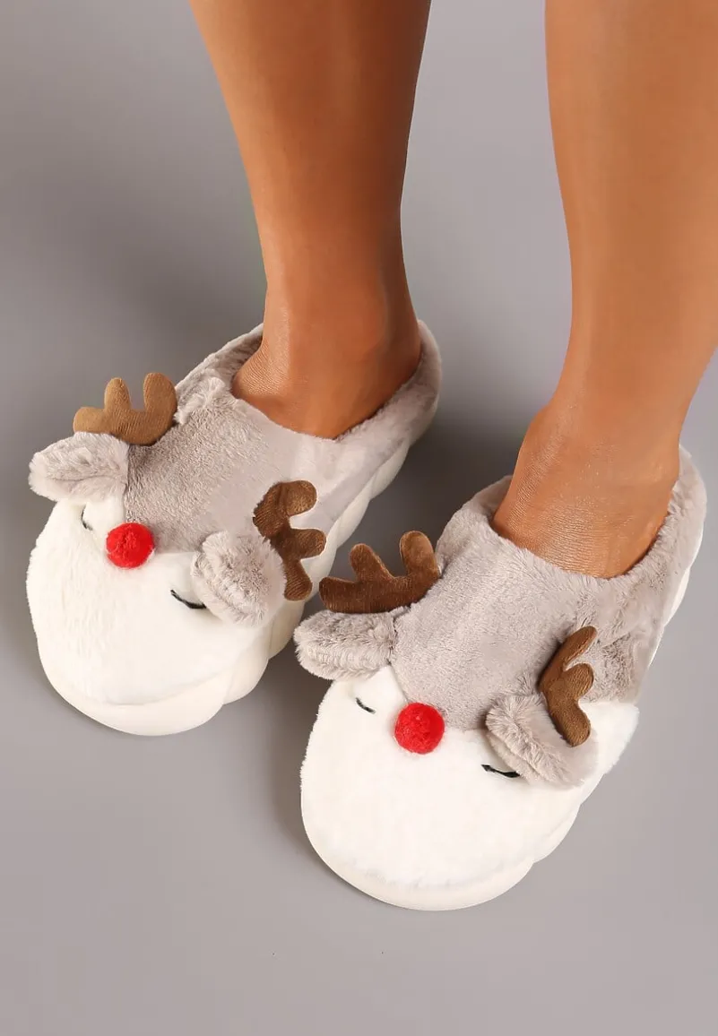 Ciemnobeżowe Futerkowe Kapcie w Kształcie Renifera na Tłoczonej Podeszwie Ciarayae