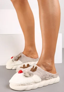 Ciemnobeżowe Futerkowe Kapcie w Kształcie Renifera na Tłoczonej Podeszwie Ciarayae