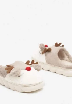 Ciemnobeżowe Futerkowe Kapcie w Kształcie Renifera na Tłoczonej Podeszwie Ciarayae