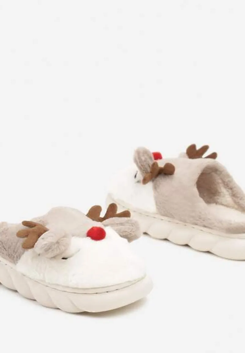 Ciemnobeżowe Futerkowe Kapcie w Kształcie Renifera na Tłoczonej Podeszwie Ciarayae
