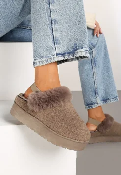 Ciemnobeżowe Futerkowe Śniegowce na Grubej Podeszwie z Gumką na Pięcie Sosena