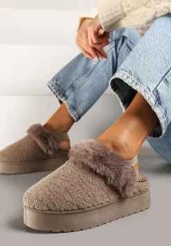 Ciemnobeżowe Futerkowe Śniegowce na Grubej Podeszwie z Gumką na Pięcie Sosena