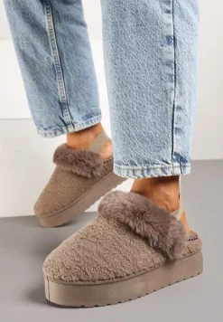 Ciemnobeżowe Futerkowe Śniegowce na Grubej Podeszwie z Gumką na Pięcie Sosena