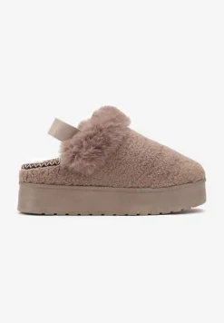 Ciemnobeżowe Futerkowe Śniegowce na Grubej Podeszwie z Gumką na Pięcie Sosena