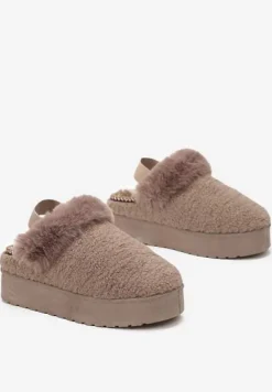 Ciemnobeżowe Futerkowe Śniegowce na Grubej Podeszwie z Gumką na Pięcie Sosena