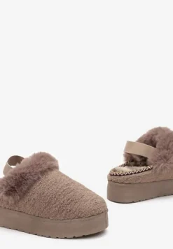 Ciemnobeżowe Futerkowe Śniegowce na Grubej Podeszwie z Gumką na Pięcie Sosena