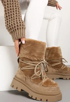 Ciemnobeżowe Futerkowe Śniegowce Sznurowane z Wywiniętą Cholewką i Tłoczoną Podeszwą Sagizelle