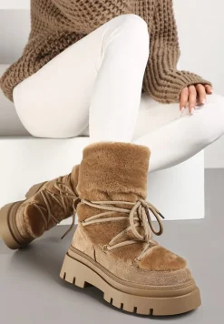 Ciemnobeżowe Futerkowe Śniegowce Sznurowane z Wywiniętą Cholewką i Tłoczoną Podeszwą Sagizelle