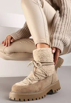 Ciemnobeżowe Futerkowe Śniegowce na Tłoczonej Podeszwie Ozdobionej Cyrkoniami Rialuna