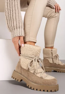 Ciemnobeżowe Futerkowe Śniegowce na Tłoczonej Podeszwie Ozdobionej Cyrkoniami Rialuna