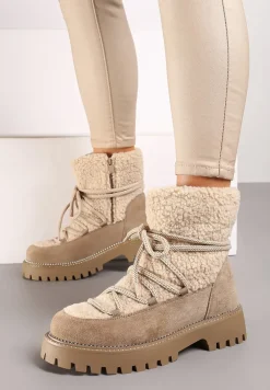 Ciemnobeżowe Futerkowe Śniegowce na Tłoczonej Podeszwie Ozdobionej Cyrkoniami Rialuna