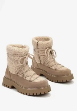 Ciemnobeżowe Futerkowe Śniegowce na Tłoczonej Podeszwie Ozdobionej Cyrkoniami Rialuna