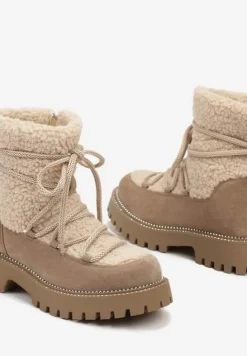 Ciemnobeżowe Futerkowe Śniegowce na Tłoczonej Podeszwie Ozdobionej Cyrkoniami Rialuna