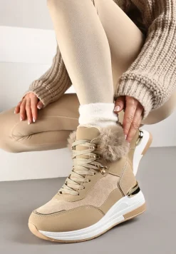 Ciemnobeżowe Futerkowe Sneakersy na Koturnie z Metalicznymi Wstawkami Kaithrin