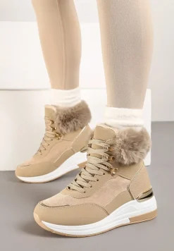 Ciemnobeżowe Futerkowe Sneakersy na Koturnie z Metalicznymi Wstawkami Kaithrin