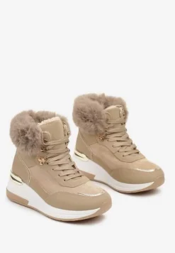 Ciemnobeżowe Futerkowe Sneakersy na Koturnie z Metalicznymi Wstawkami Kaithrin