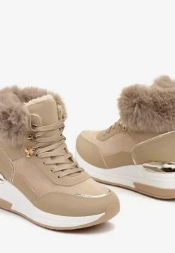 Ciemnobeżowe Futerkowe Sneakersy na Koturnie z Metalicznymi Wstawkami Kaithrin