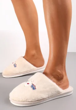 Ciemnobeżowe Futrzane Kapcie Pluszowe z Ozdobnym Haftem Blekanda