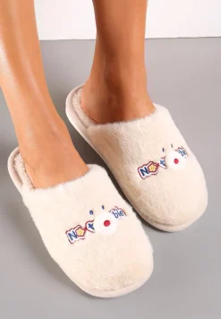 Ciemnobeżowe Futrzane Kapcie Pluszowe z Ozdobnym Haftem Blekanda