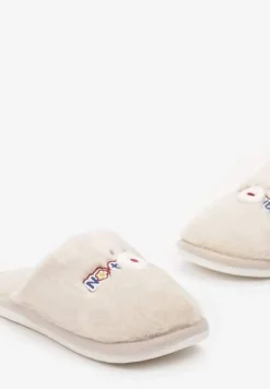 Ciemnobeżowe Futrzane Kapcie Pluszowe z Ozdobnym Haftem Blekanda