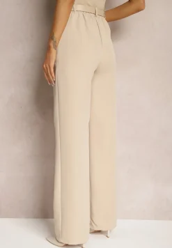 Ciemnobeżowe Garniturowe Spodnie High Waist z Kieszeniami Blathe