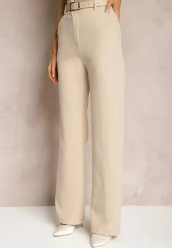 Ciemnobeżowe Garniturowe Spodnie High Waist z Kieszeniami Blathe