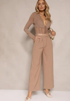 Ciemnobeżowe Garniturowe Spodnie High Waist z Gumką i Dodatkowym Paskiem w Talii Mattine
