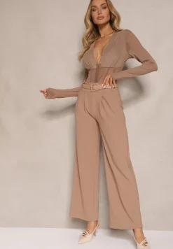 Ciemnobeżowe Garniturowe Spodnie High Waist z Gumką i Dodatkowym Paskiem w Talii Mattine