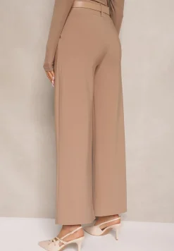 Ciemnobeżowe Garniturowe Spodnie High Waist z Gumką i Dodatkowym Paskiem w Talii Mattine