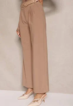 Ciemnobeżowe Garniturowe Spodnie High Waist z Gumką i Dodatkowym Paskiem w Talii Mattine