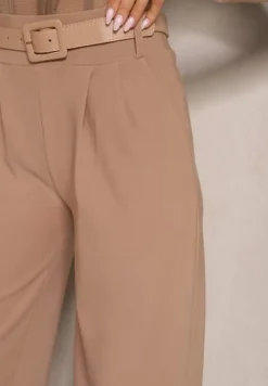 Ciemnobeżowe Garniturowe Spodnie High Waist z Gumką i Dodatkowym Paskiem w Talii Mattine