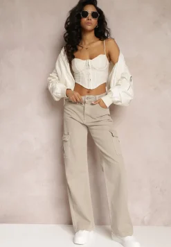 Ciemnobeżowe Jeansy Cargo High Waist z Kieszeniami Anora