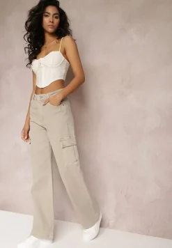 Ciemnobeżowe Jeansy Cargo High Waist z Kieszeniami Anora