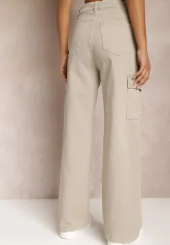 Ciemnobeżowe Jeansy Cargo High Waist z Kieszeniami Anora