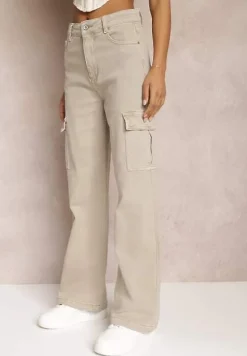 Ciemnobeżowe Jeansy Cargo High Waist z Kieszeniami Anora
